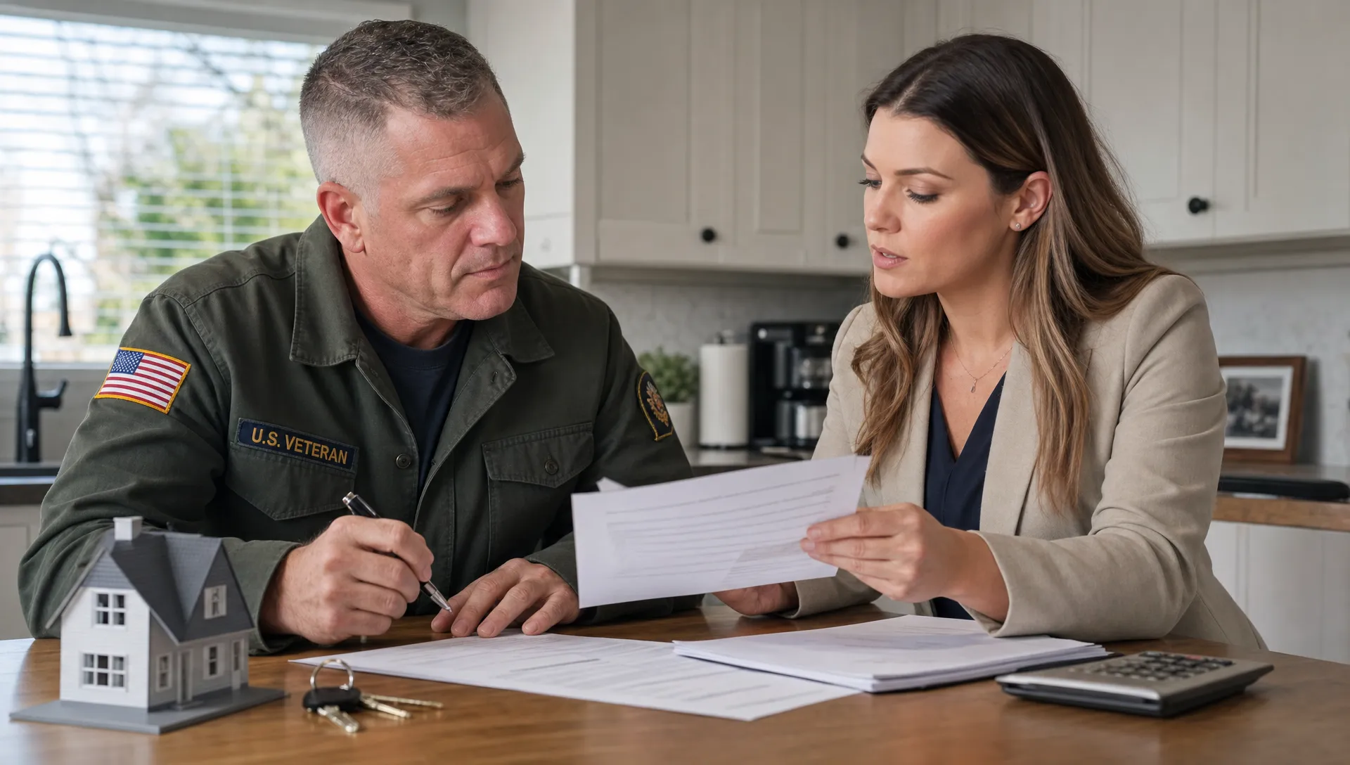 A veteran homebuyer reviews mortgage paperwork with a loan professional at a kitchen table, with keys and a small house model nearby.