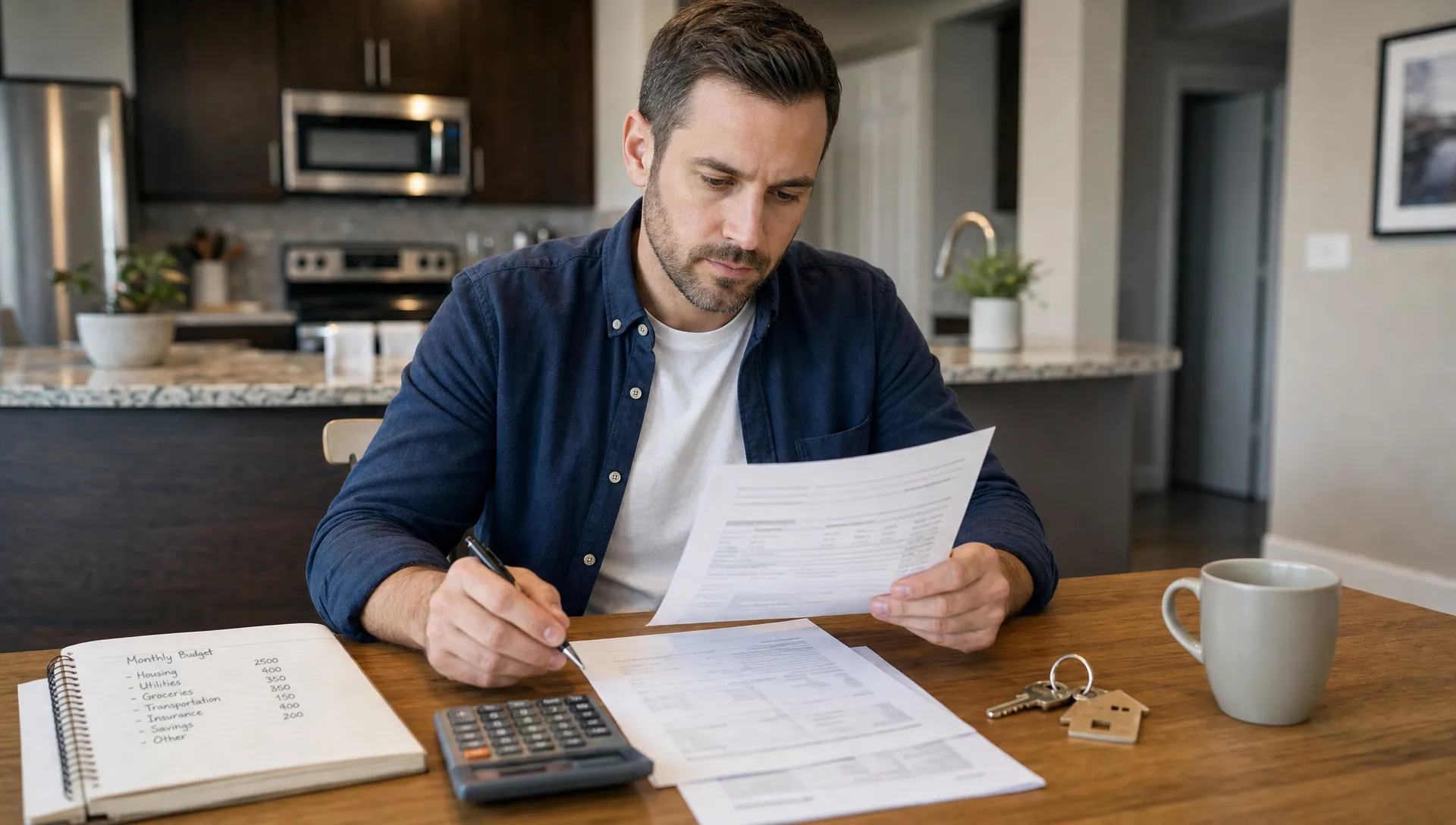 A homebuyer reviews mortgage documents at a kitchen table with a calculator, house keys and a budget notebook.