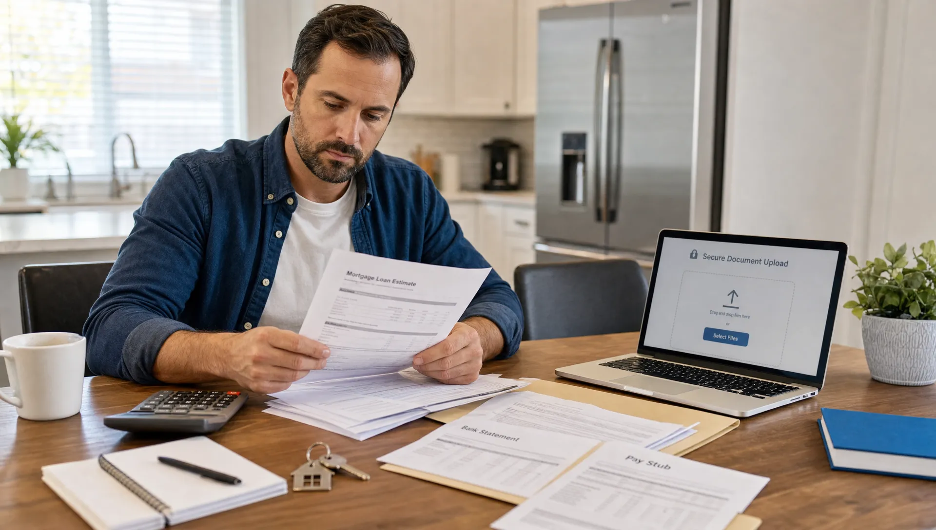 A homebuyer reviews mortgage documents at a kitchen table with bank statements, pay stubs, a calculator, a house key and a laptop for secure uploads.