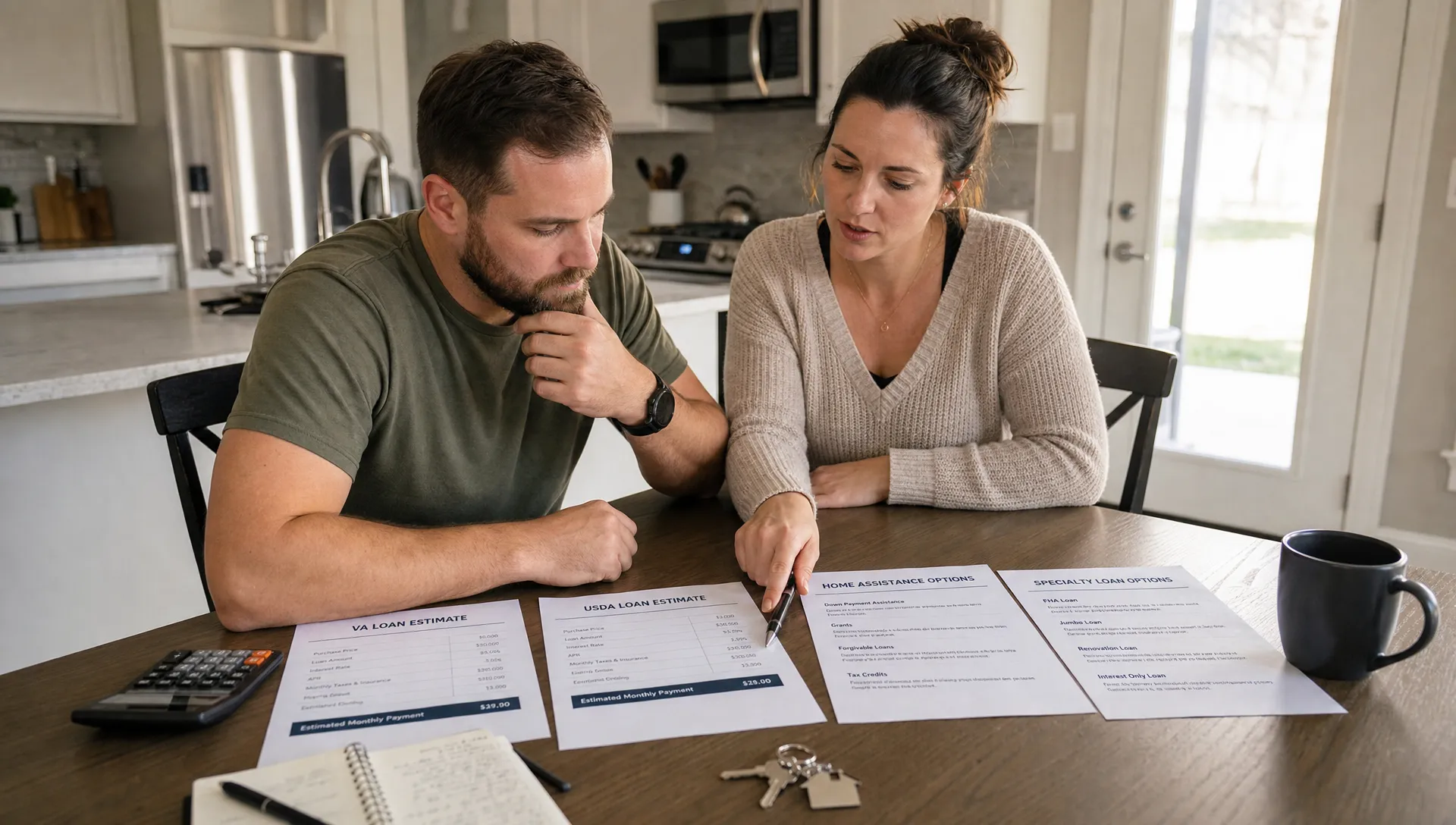 A homebuyer compares VA, USDA, assistance and specialty mortgage options at a kitchen table with printed estimates, a calculator and house keys.