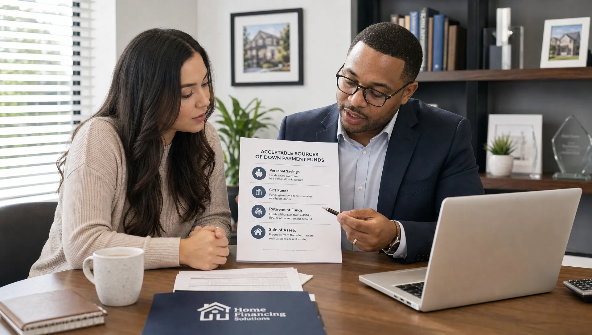 A homebuyer and mortgage advisor review documents while comparing acceptable funding sources for a down payment loan.