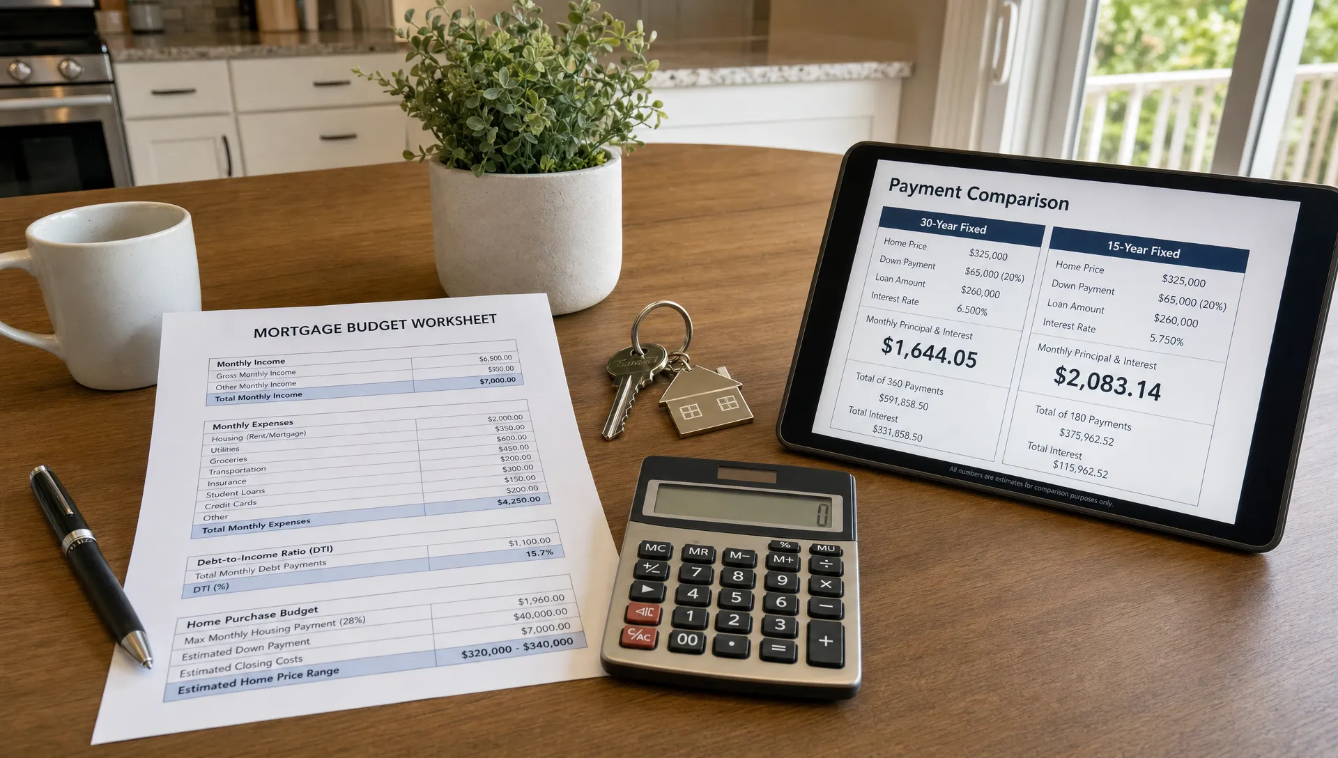 A kitchen table with a mortgage budget worksheet, calculator, house keys, and a tablet showing payment comparison.