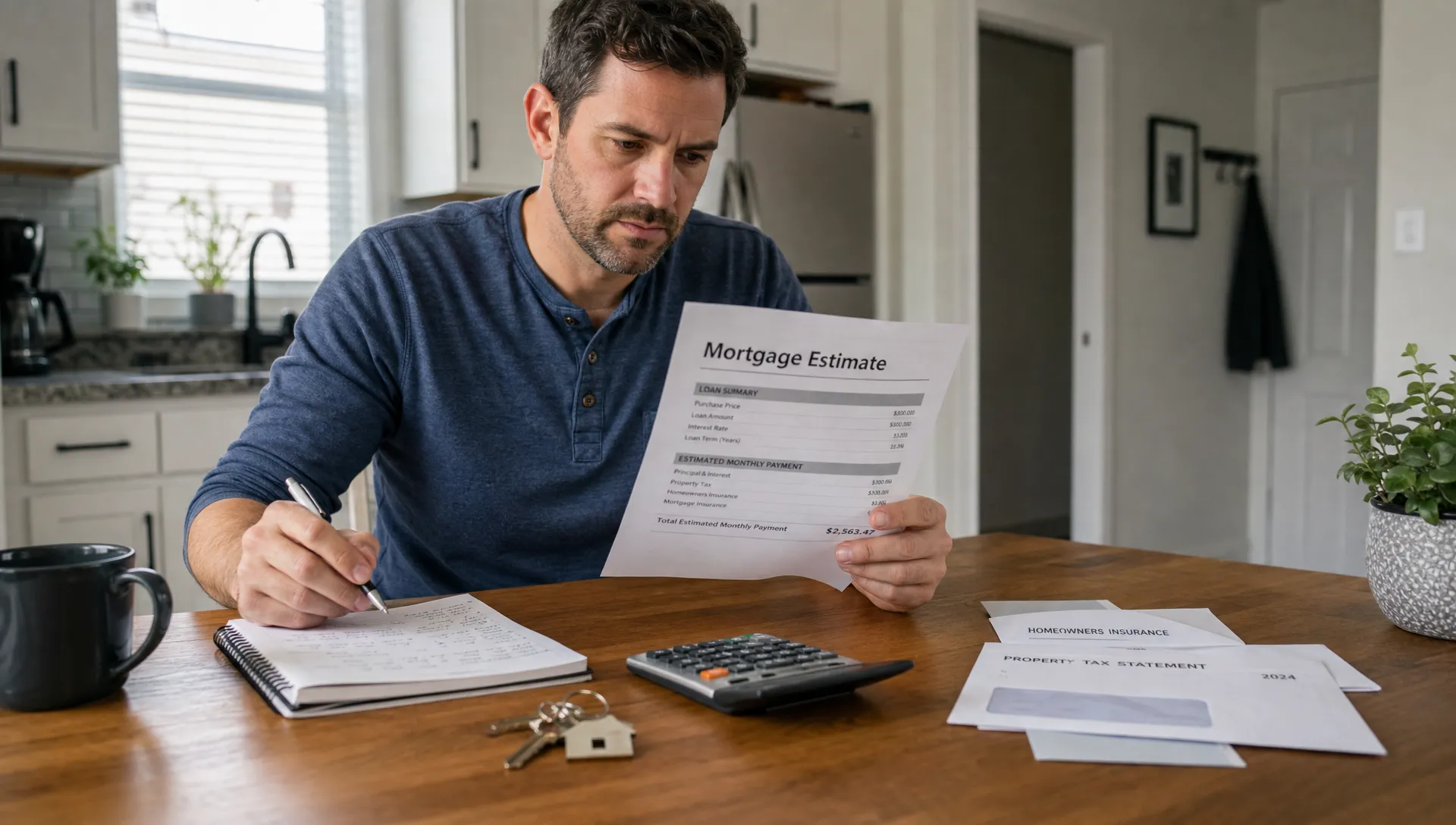 A homeowner reviews a mortgage estimate at a kitchen table with a calculator, notebook, house keys, and tax and insurance papers nearby.