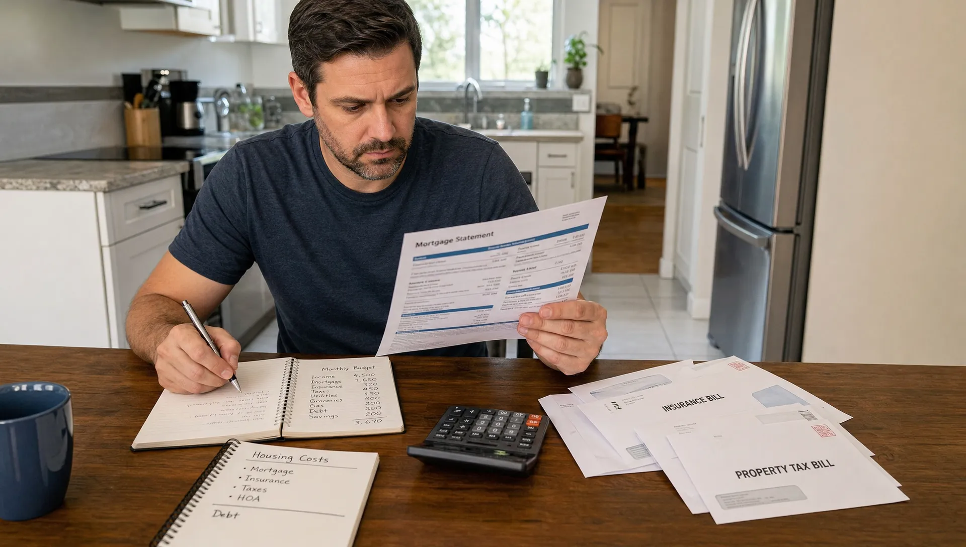 A homeowner reviews a mortgage statement, budget notes and bills at a kitchen table while sorting housing costs, insurance, taxes and debt.