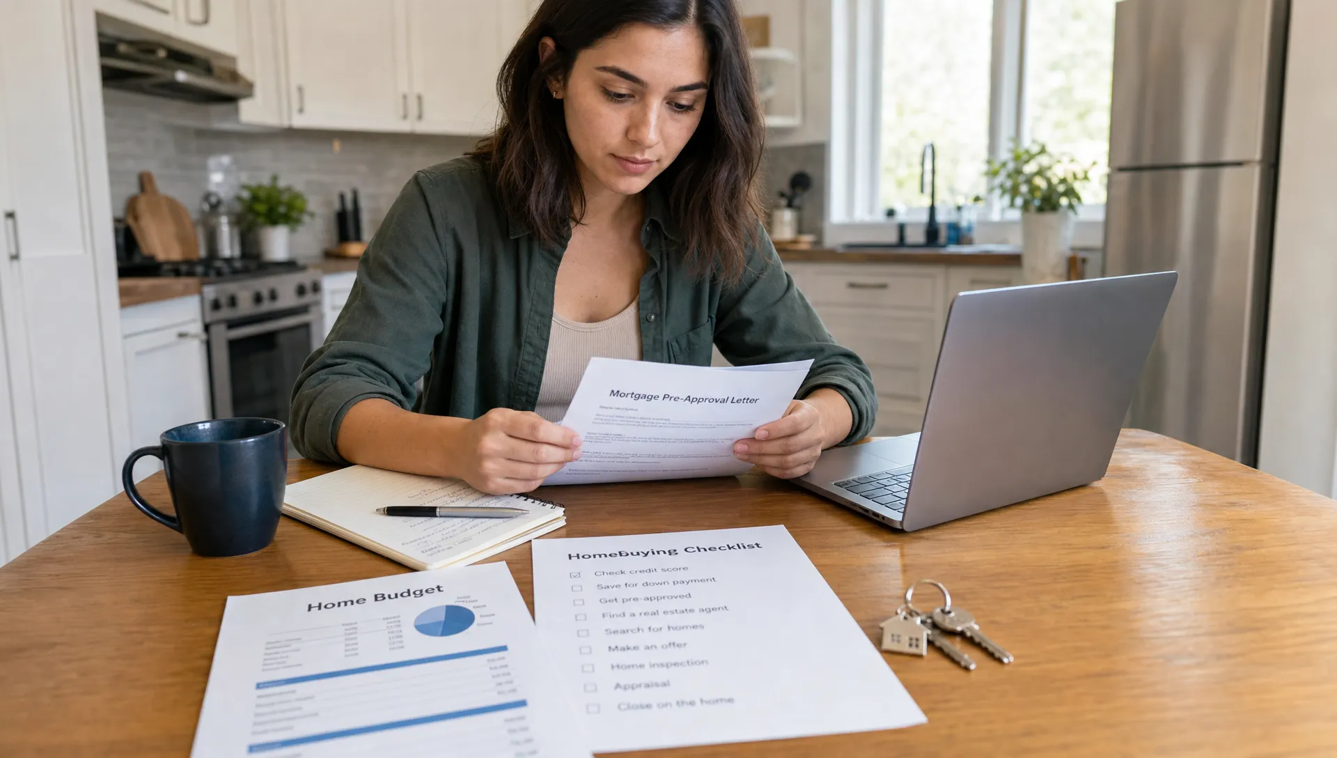 A first-time buyer reviews a home budget, pre-approval letter, checklist, and house keys on a kitchen table.