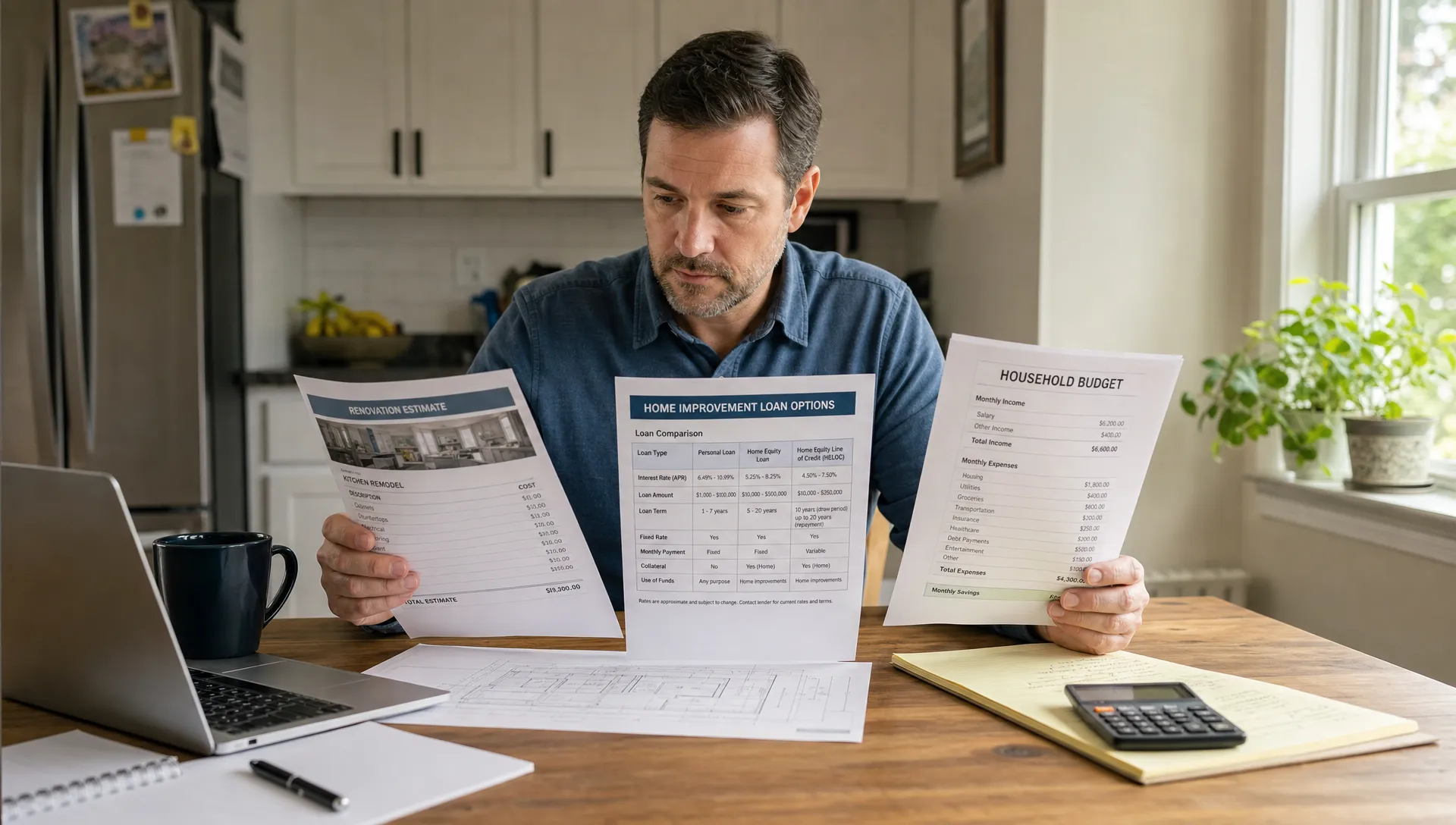 A homeowner reviews renovation estimates, a loan option sheet, and a household budget at the kitchen table.