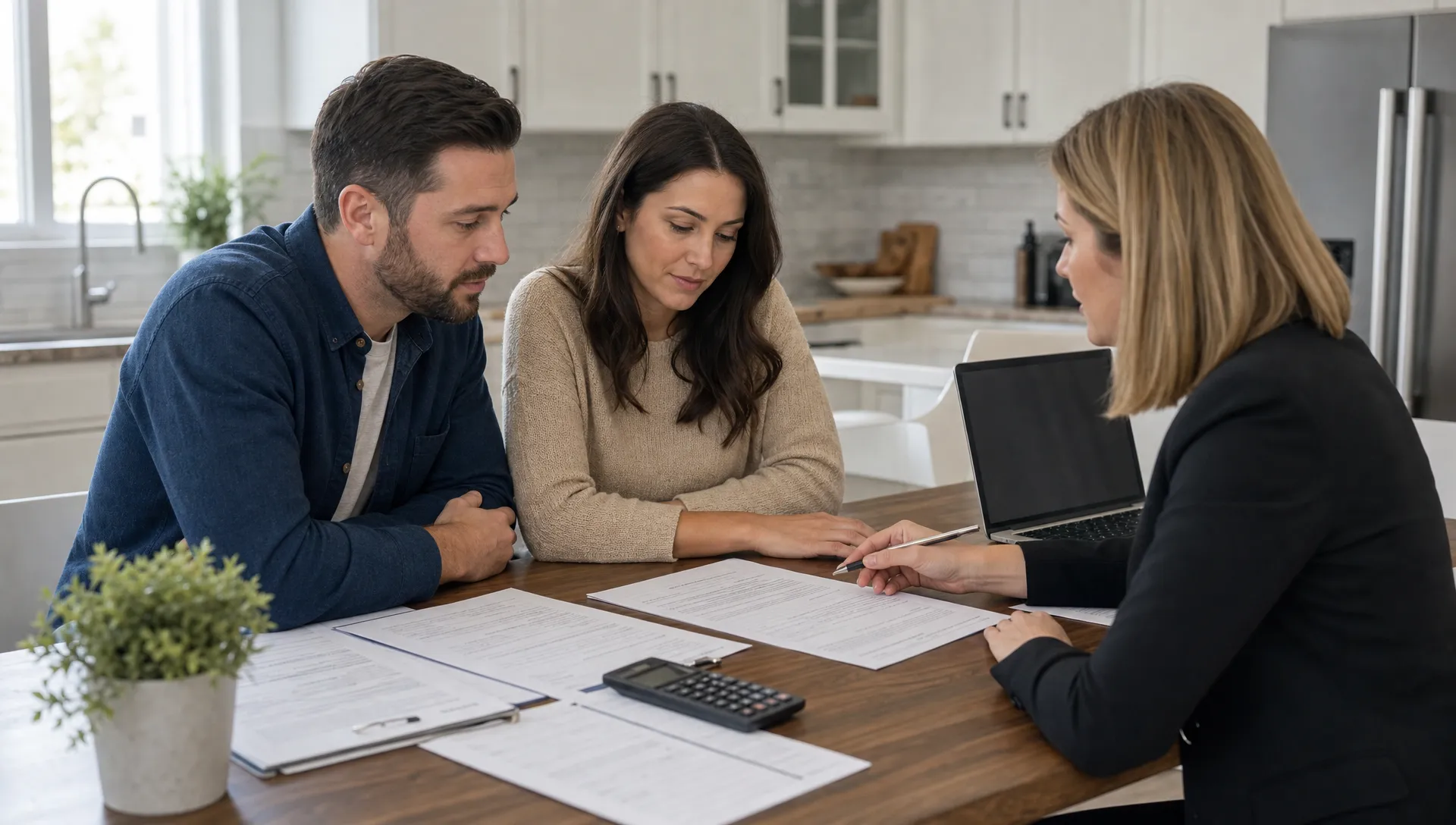 A couple reviews mortgage documents at a kitchen table with a loan advisor, with organized paperwork, a calculator and a laptop beside them.