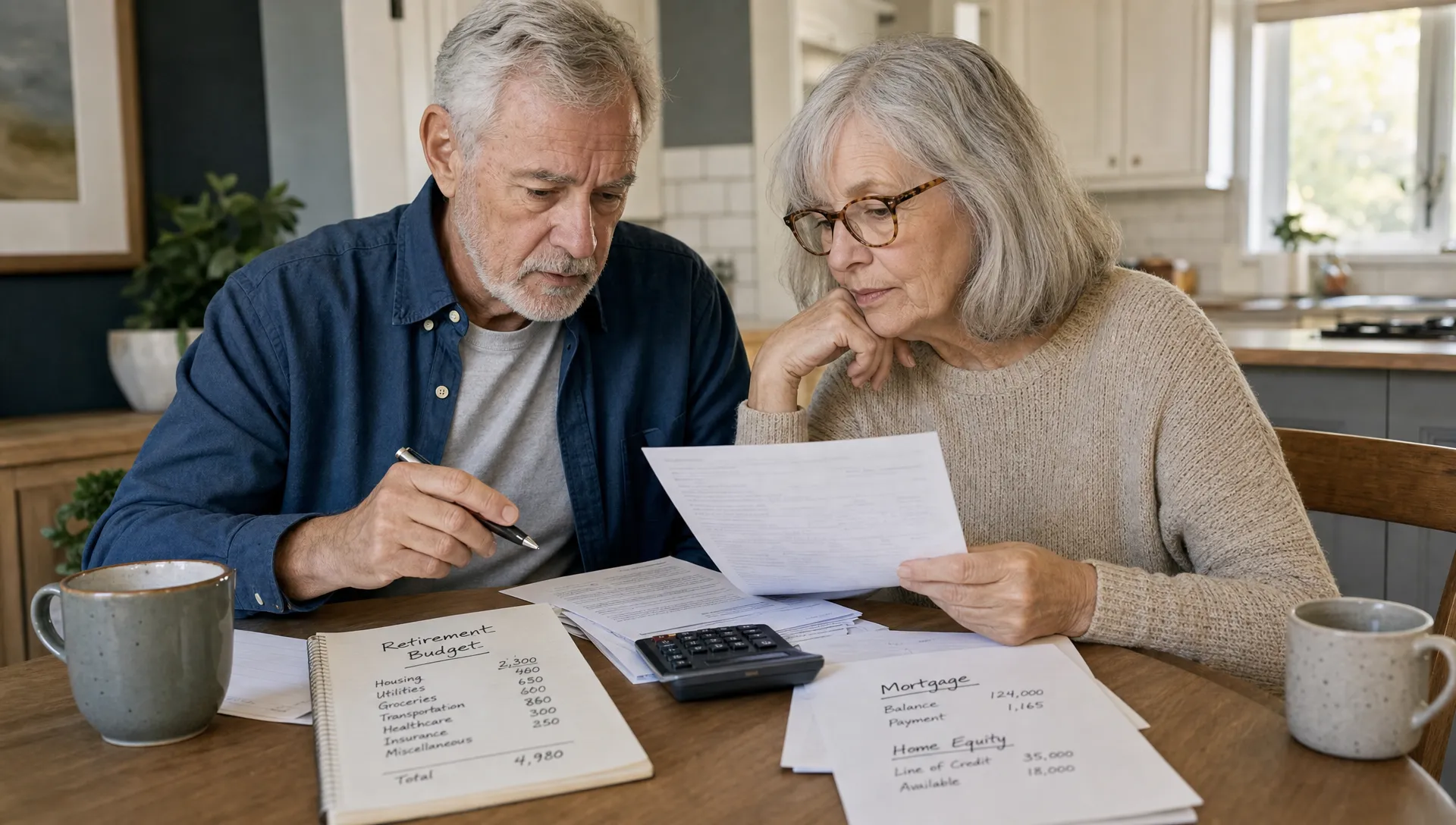 A retired couple reviews a retirement budget at a kitchen table with mortgage and home equity notes beside a calculator.