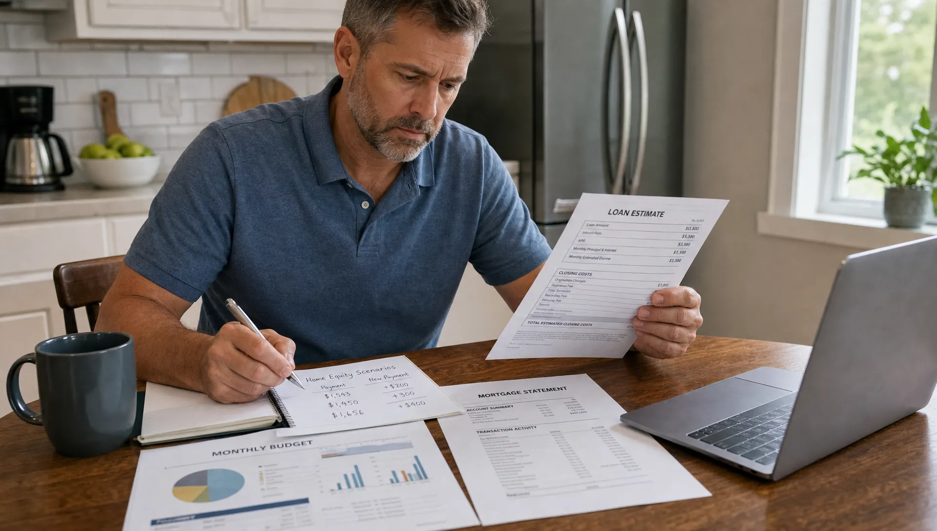 A homeowner reviews a budget, mortgage statement, and loan estimate at a kitchen table while noting how borrowing against a home can change payments.