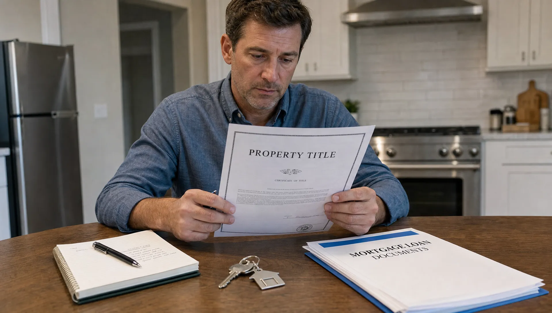 A homeowner reviews property title documents at a kitchen table with a notepad, house keys, and mortgage paperwork beside them.