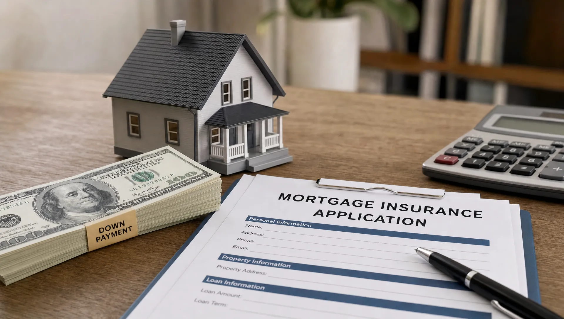 A home purchase scene shows a house model, a down payment stack, and mortgage insurance paperwork on a table.