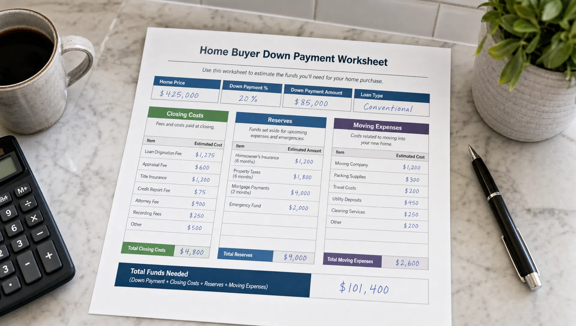 A home buyer down payment worksheet on a kitchen table shows separate categories for closing costs, reserves, and moving expenses.