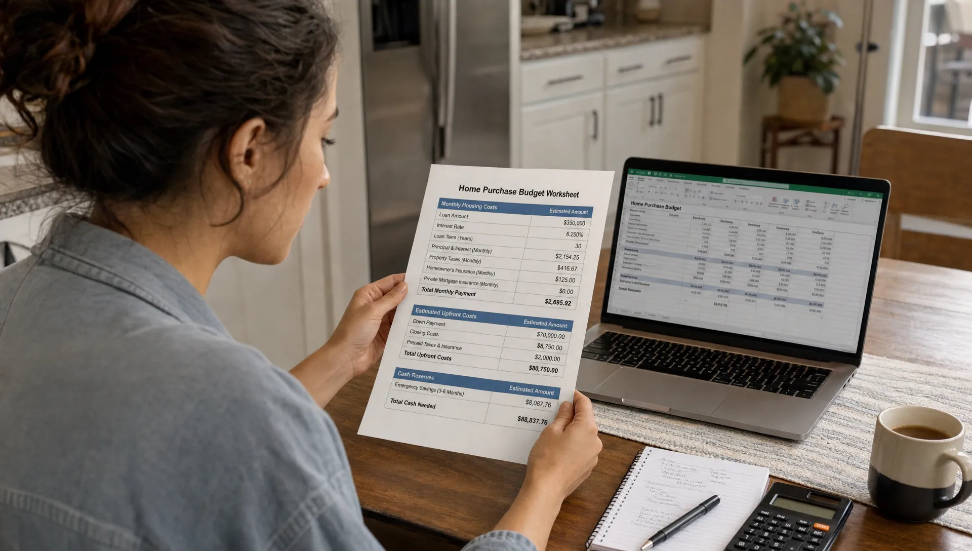 A first-time buyer reviews a home purchase budget worksheet with monthly payment, property taxes, insurance, closing costs and emergency savings.