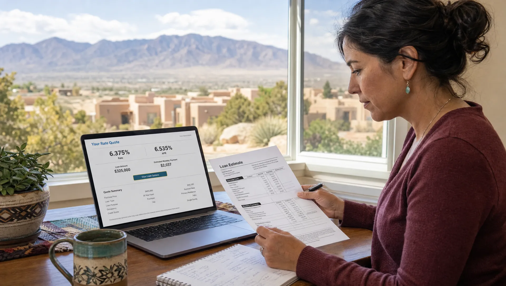 A New Mexico homebuyer reviews a mortgage rate quote beside a Loan Estimate with a desert neighborhood and mountain view behind them.