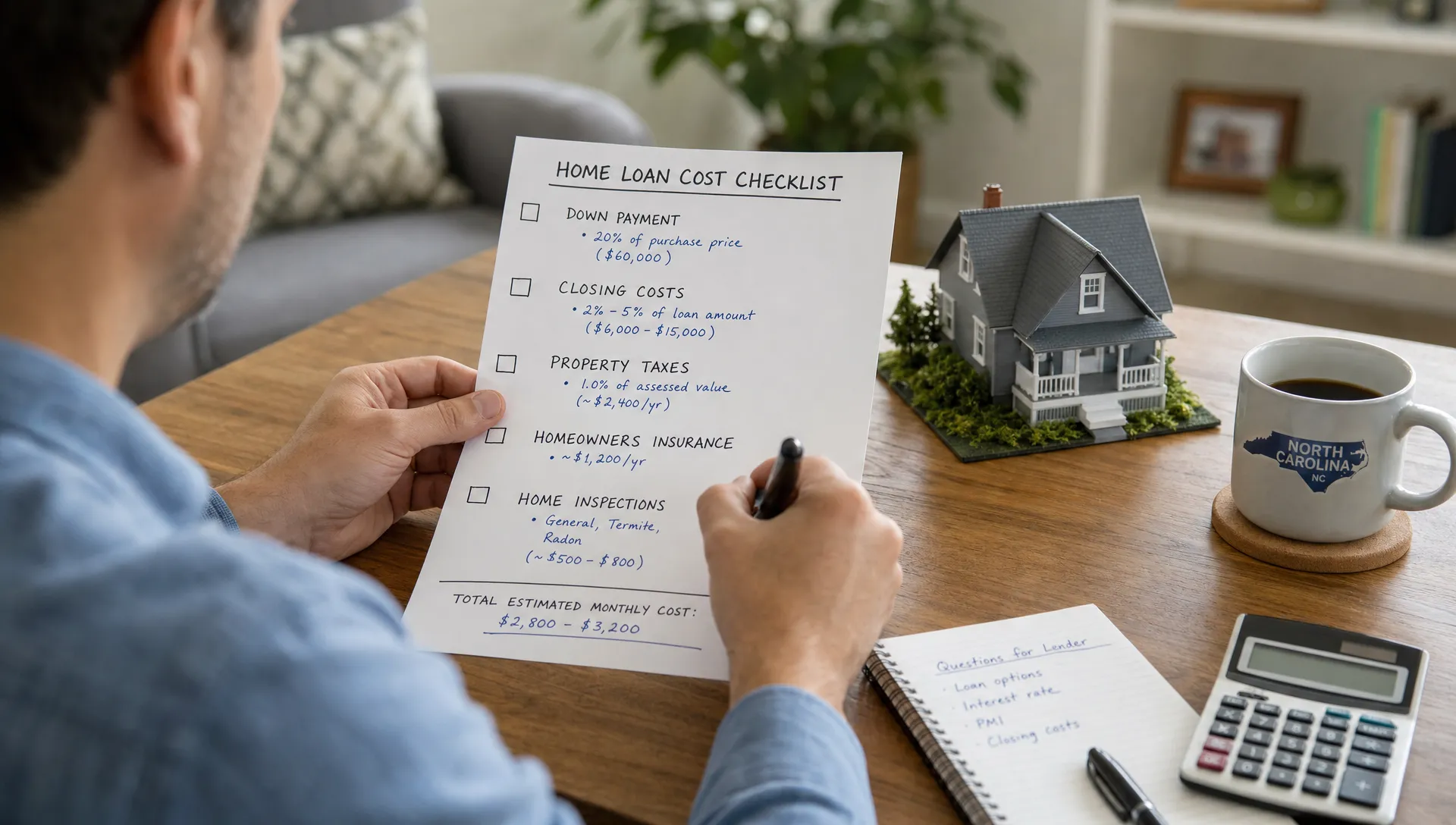 A North Carolina homebuyer reviews a mortgage cost checklist with notes for down payment, closing costs, property taxes, insurance, and inspections beside a small house model.
