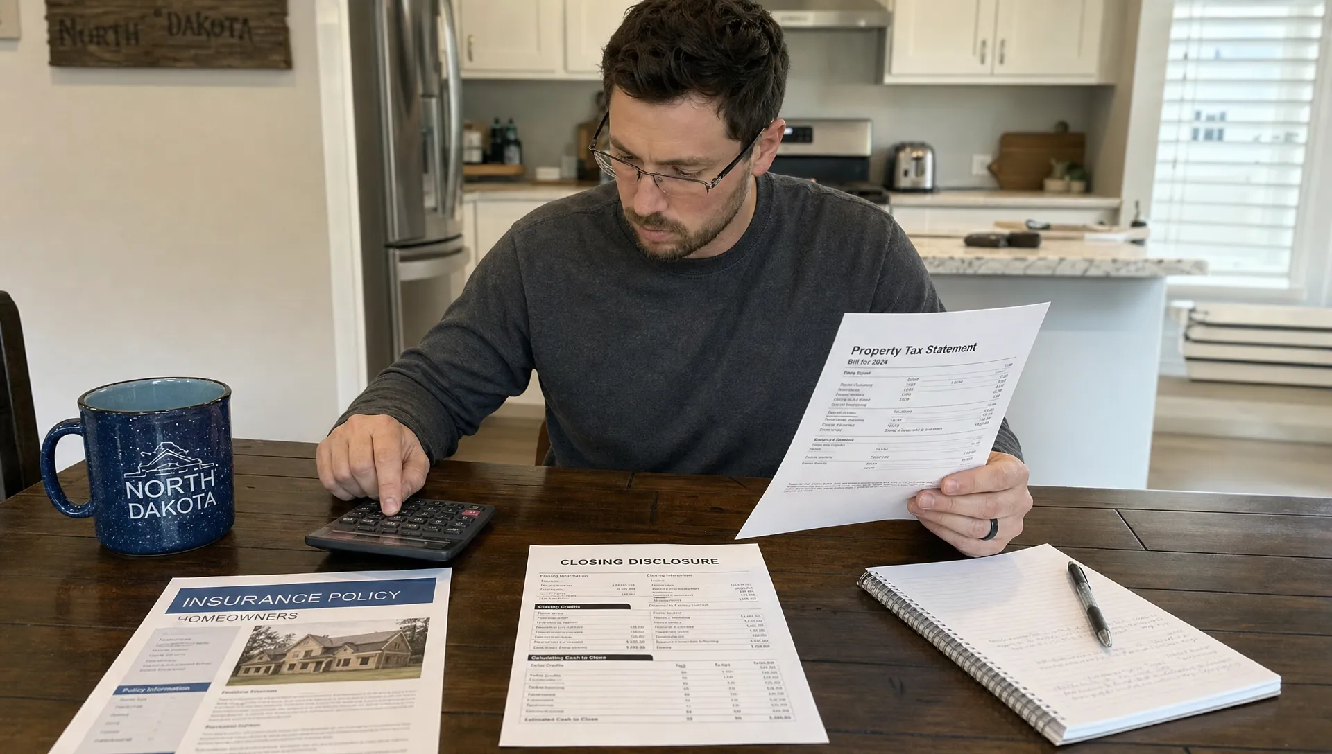 A homebuyer reviews a calculator, property tax bill, insurance policy and closing disclosure on a kitchen table in North Dakota.