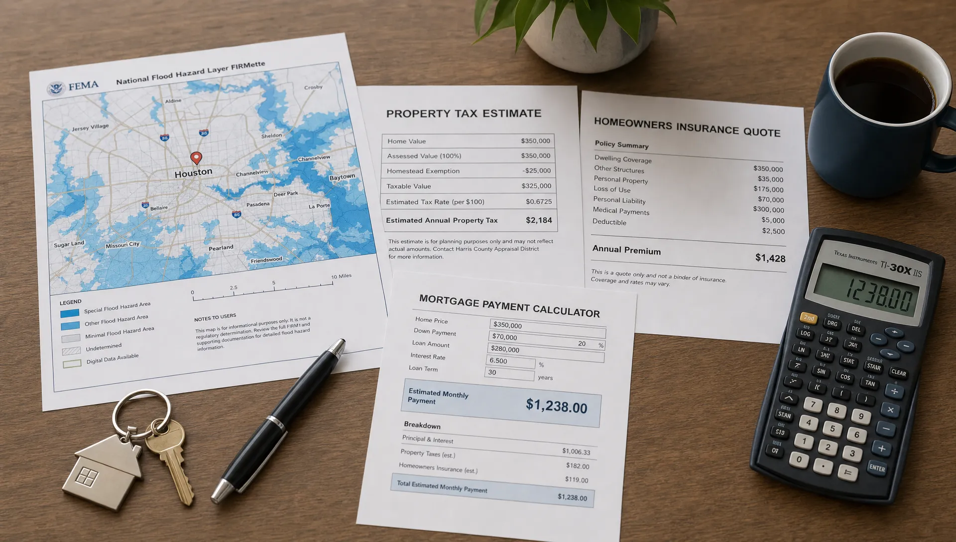 A Houston mortgage planning table with a flood map, property tax estimate, homeowners insurance quote and calculator beside a house key.