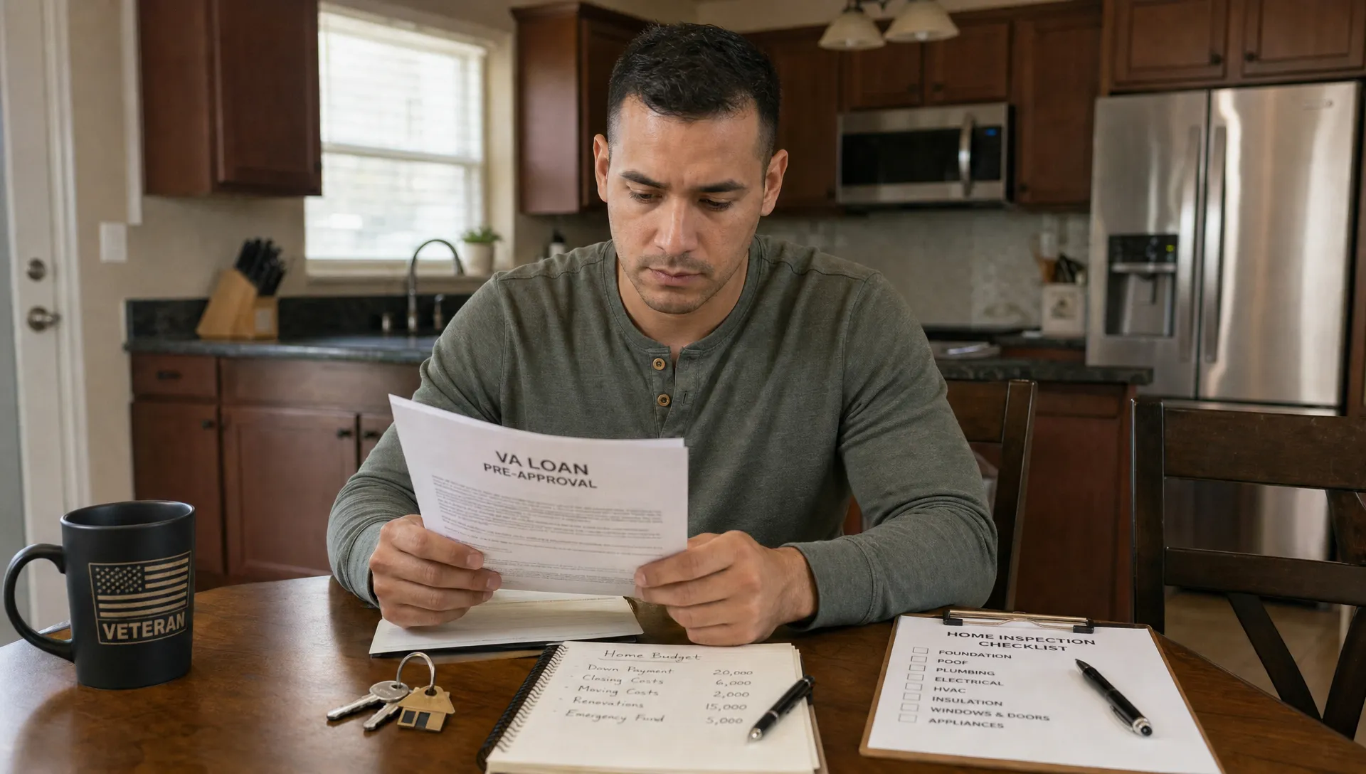 A veteran homebuyer reviews VA loan paperwork at a kitchen table with a house key, budget notes, and an inspection checklist nearby.