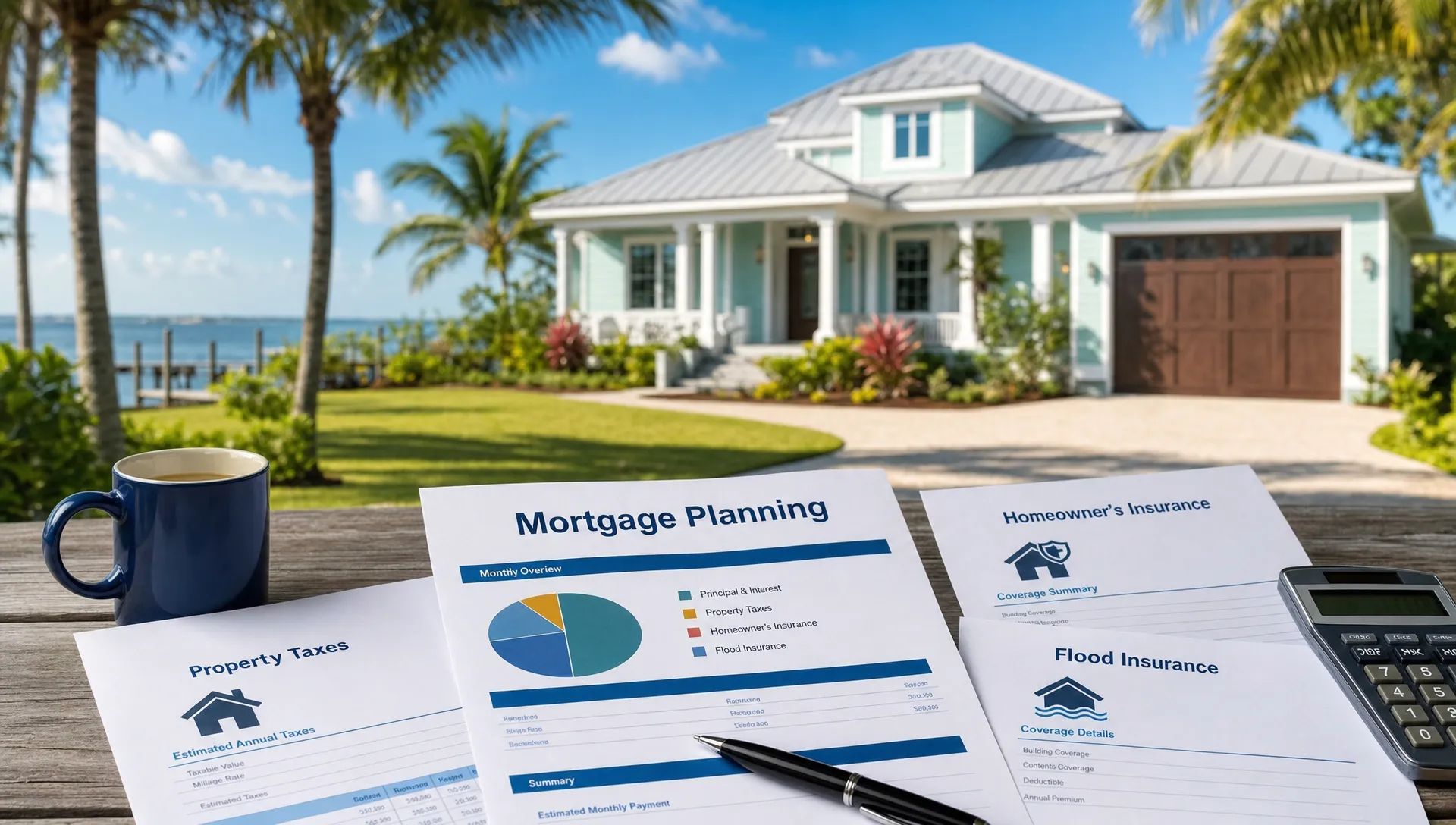 A Florida coastal home with palm trees and a front yard shows mortgage planning papers about taxes, insurance, and flood coverage.