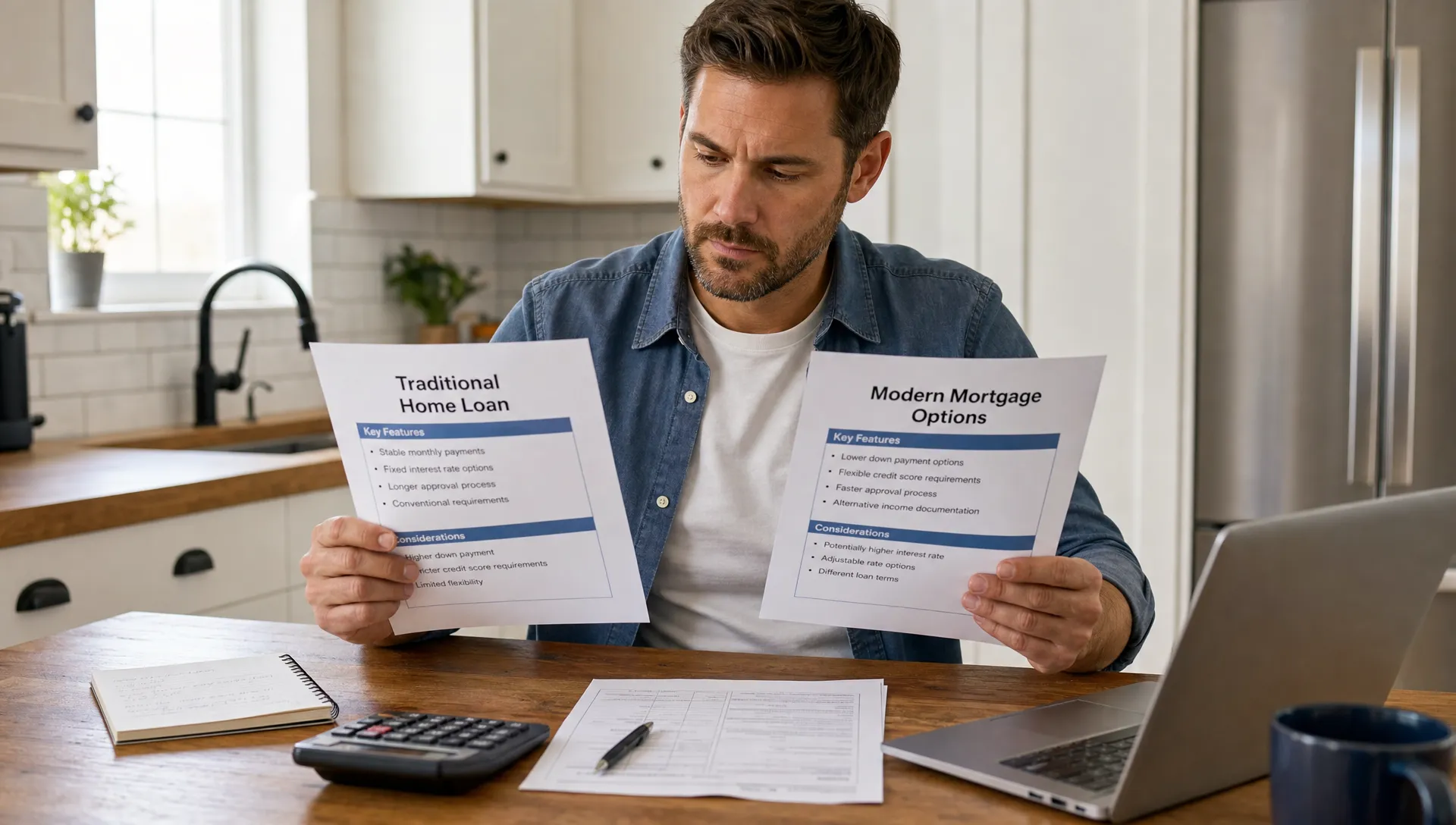 A homebuyer compares a traditional home loan and modern mortgage options at a kitchen table with papers, a calculator, and a laptop.