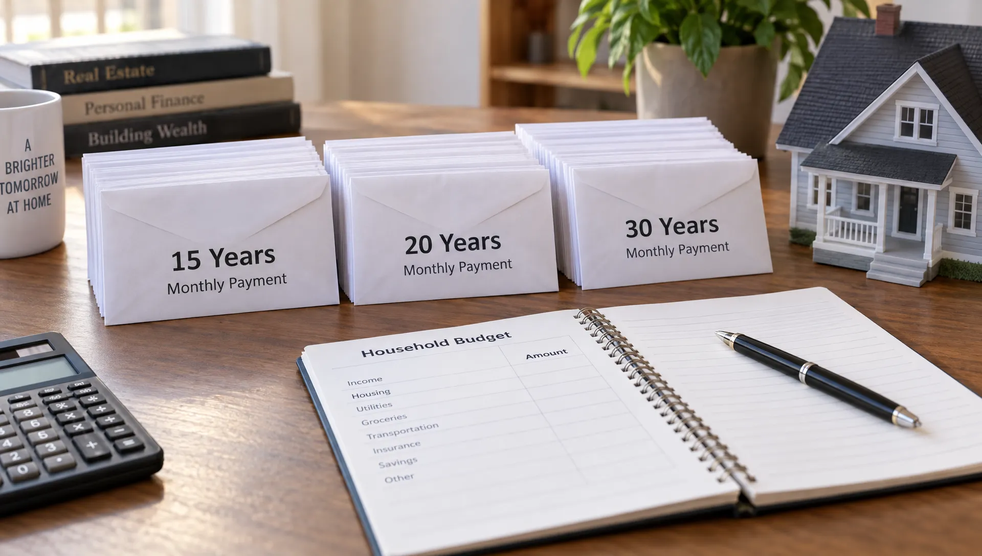 Three groups of monthly payment envelopes marked 15, 20 and 30 years sit beside a house model and an open household budget notebook.