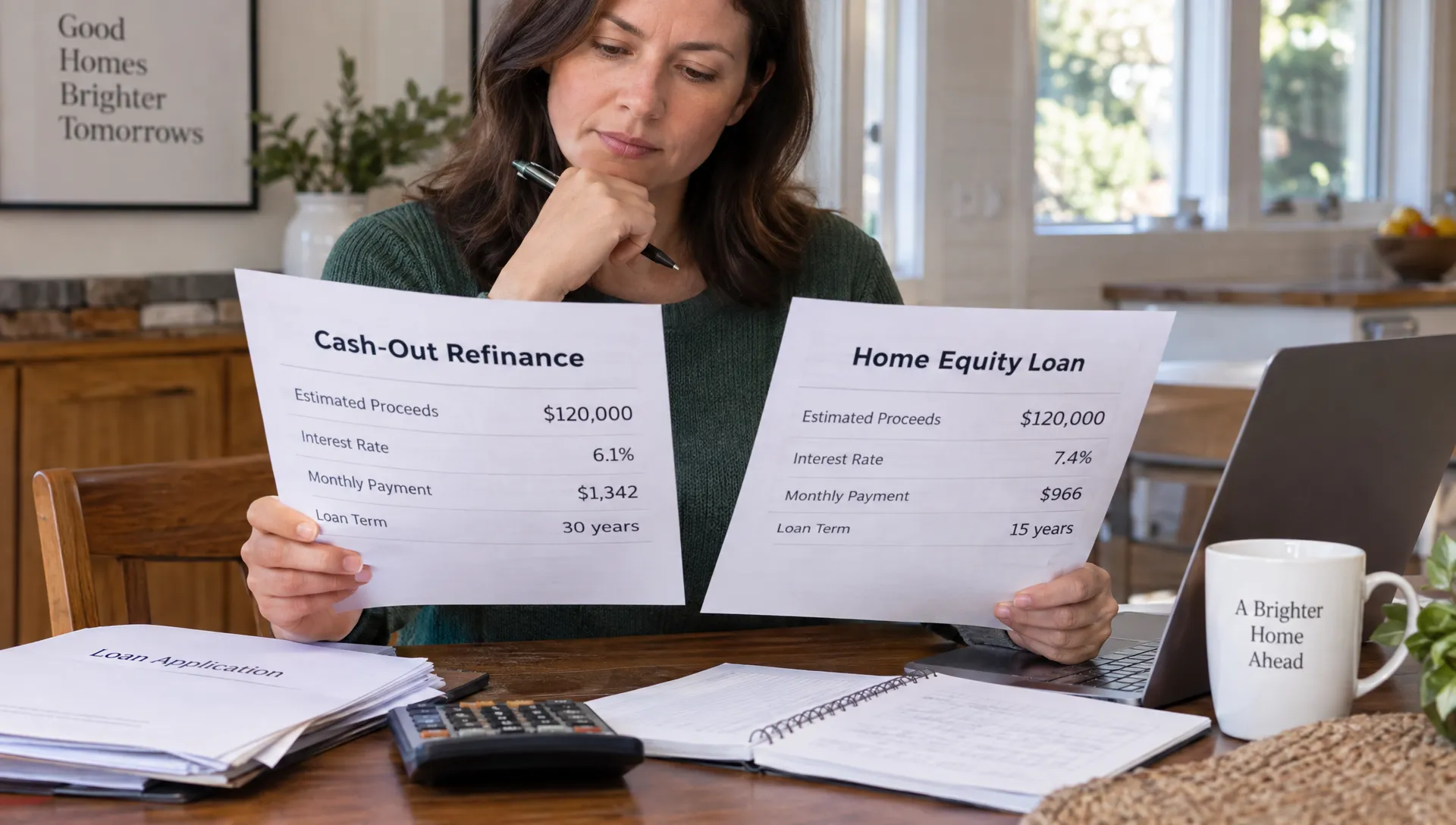 A homeowner compares a cash-out refinance with a home equity loan on a dining table, reviewing the estimated proceeds and payments beside a calculator and loan papers.