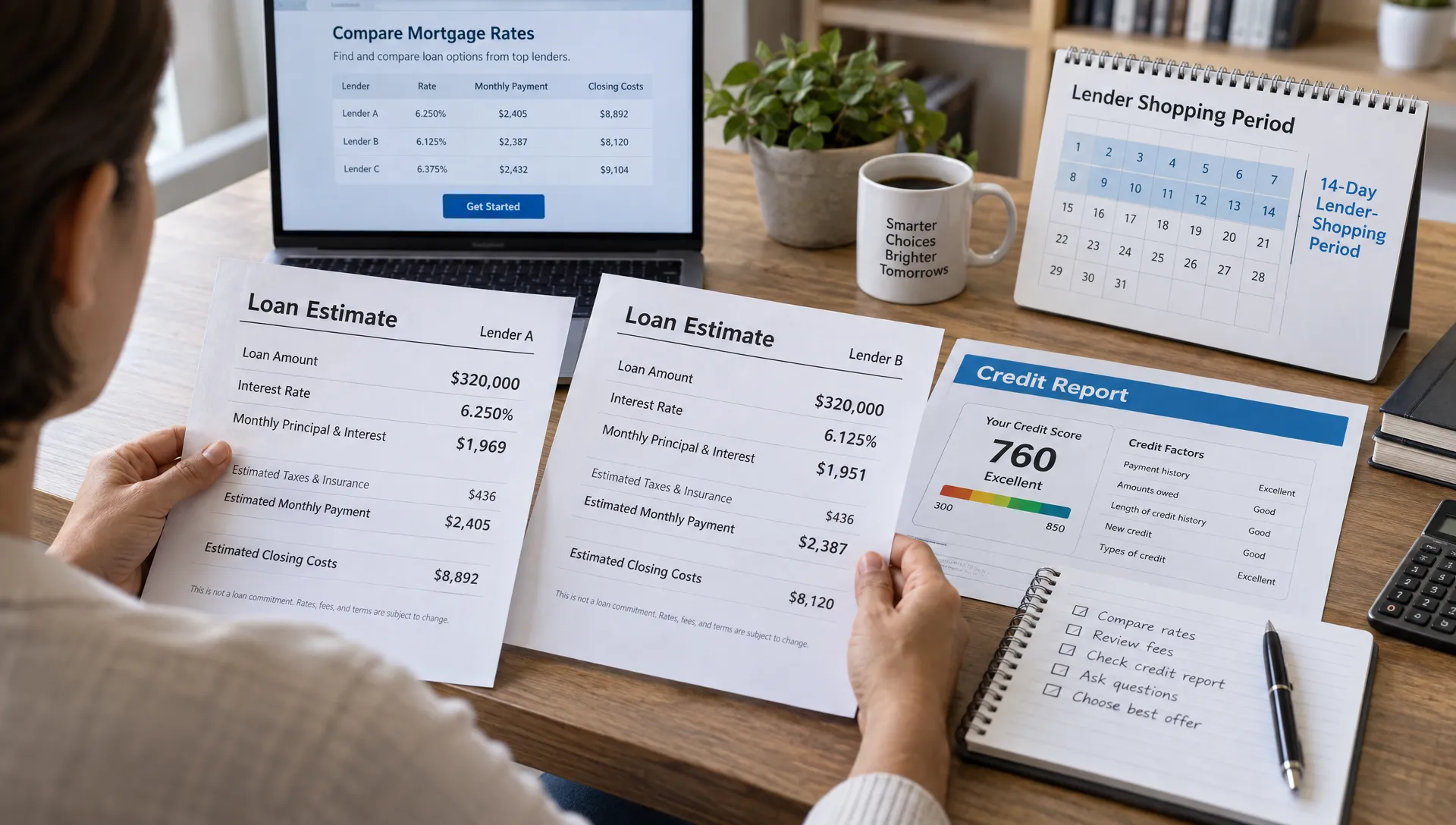 A homebuyer compares mortgage Loan Estimates and a credit report beside a calendar marking a 14-day lender-shopping period.