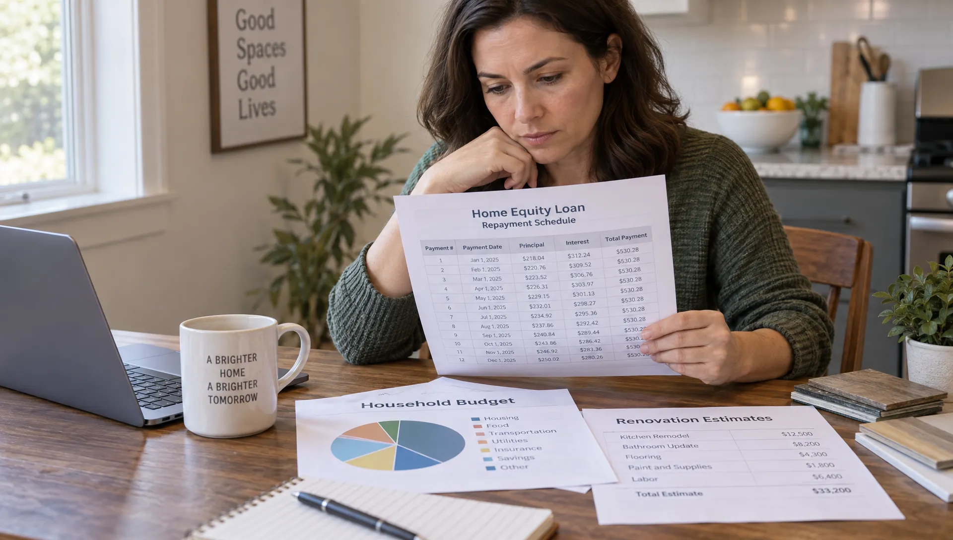 A homeowner studies a printed home equity repayment schedule beside a household budget and renovation estimates at a kitchen table.