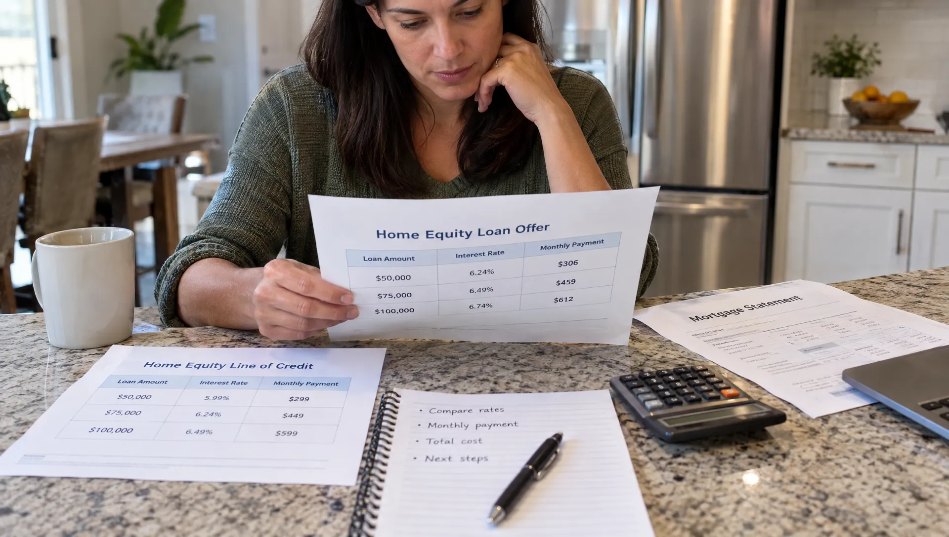 A homeowner compares printed equity-loan offers and monthly payment figures at a kitchen counter, with a calculator and mortgage statement beside the worksheet.
