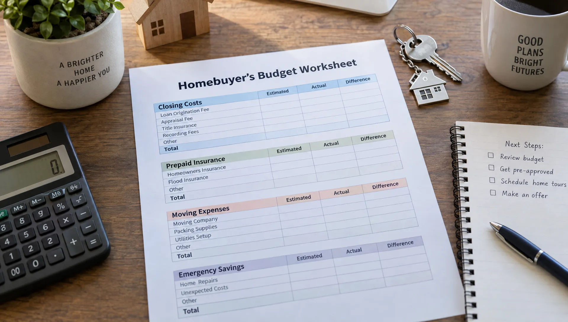 A homebuyer’s budgeting worksheet separates closing costs, prepaid insurance, moving expenses and emergency savings, with house keys and a calculator beside it.