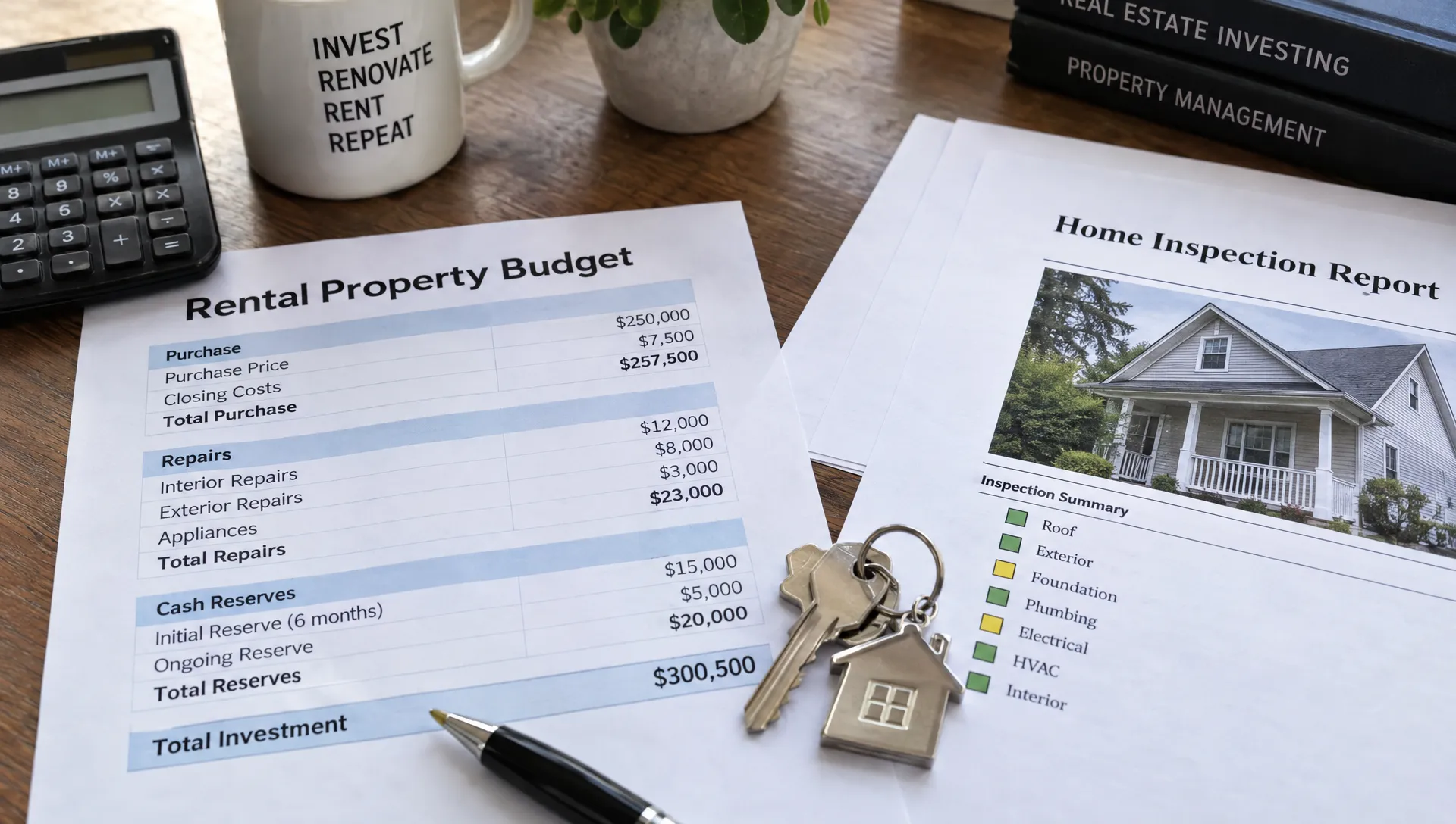 A rental-property budget worksheet lists closing costs, repairs, and cash reserves beside an inspection report and house keys.