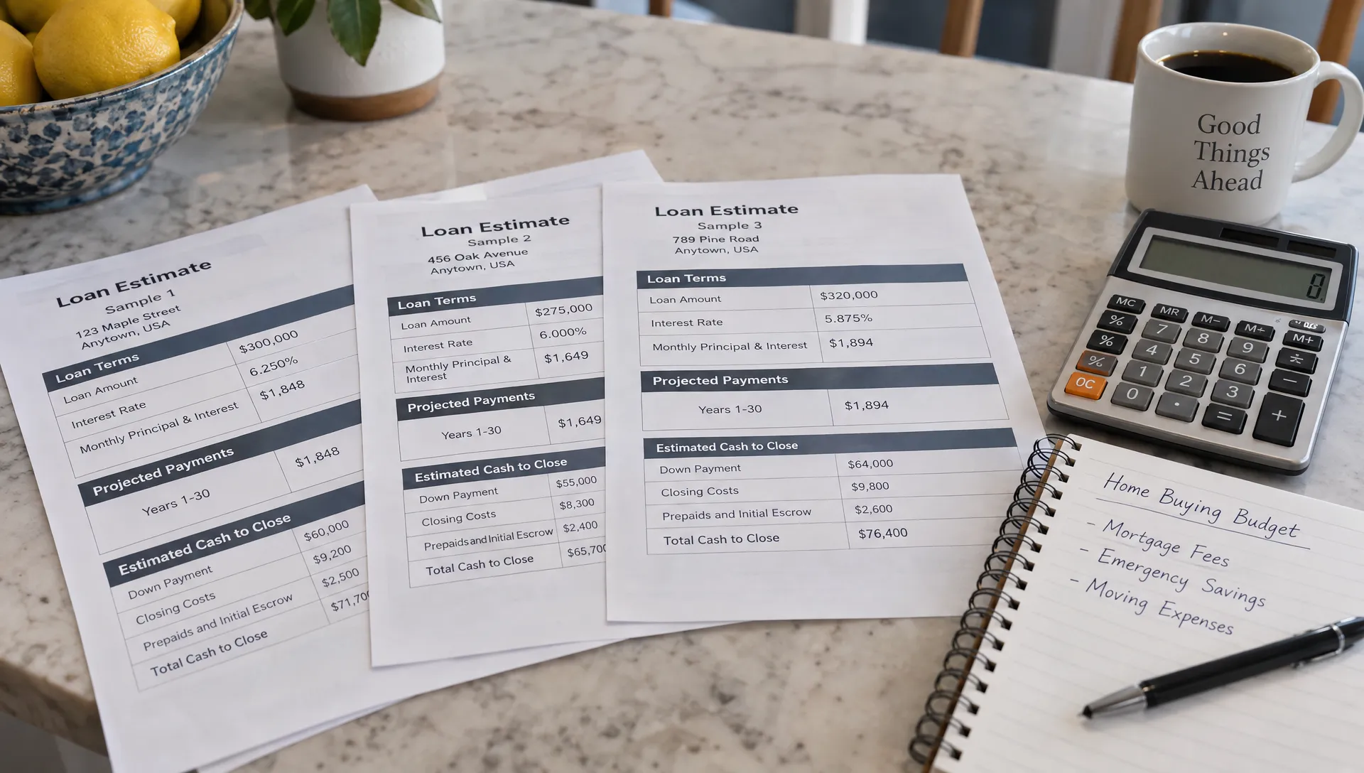Three sample Loan Estimates lie beside a calculator and a notebook listing mortgage fees, emergency savings, and moving expenses on a kitchen table.