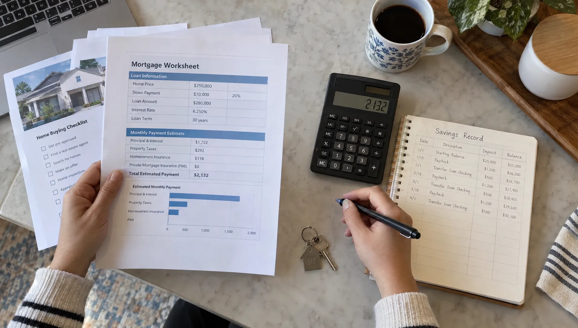 Overhead view of a prospective buyer’s hands comparing a mortgage worksheet with savings records and a calculator on a kitchen table, with a house key beside the papers.