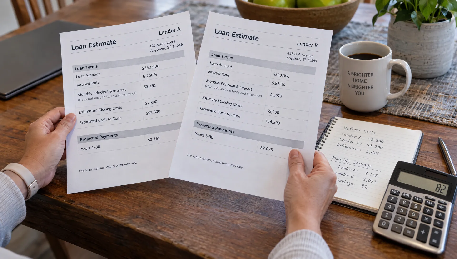 A homeowner’s hands compare two printed Loan Estimates on a dining table, with a calculator and worksheet for upfront costs and monthly savings.