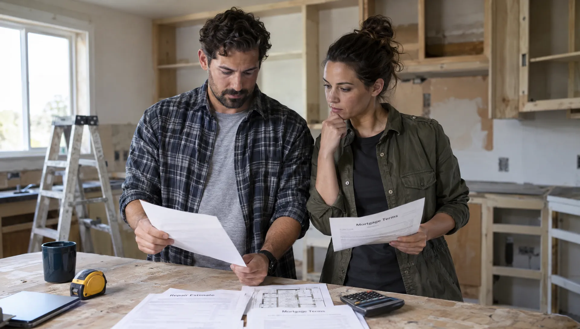 Two homebuyers stand in a prospective home’s unfinished kitchen, comparing a repair budget with contractor estimates and printed mortgage terms.