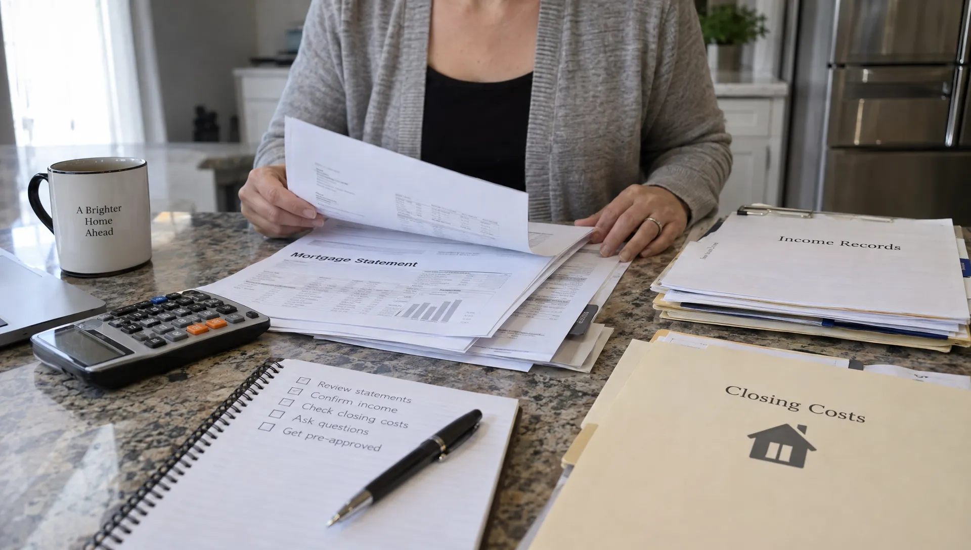 A homeowner's hands sort mortgage statements, income records, and closing-cost folders on a kitchen table beside a calculator.