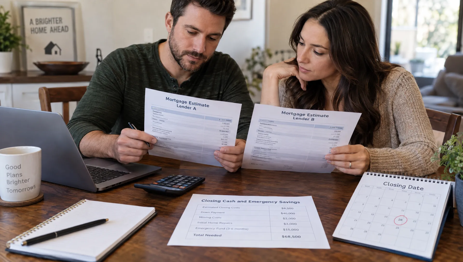 Two adults compare mortgage estimates at a dining table, with a closing-date calendar and a worksheet for closing cash and emergency savings between them.