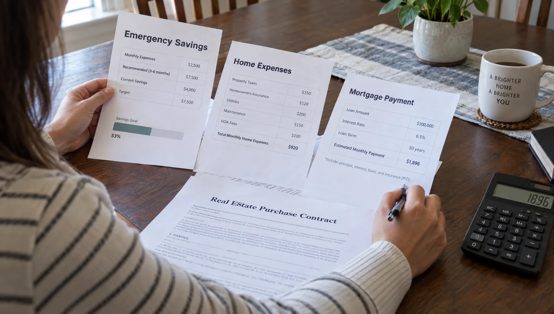 A homebuyer’s hands compare emergency savings, home expenses, and mortgage payment worksheets beside a purchase contract and calculator on a dining table.