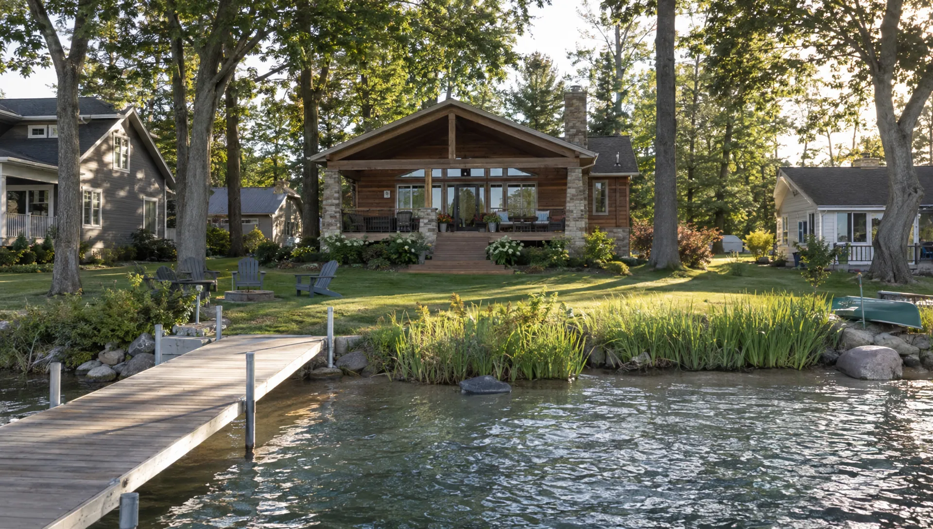 A maintained lakeside cabin with a covered porch and neighboring homes sits beyond a dock and shoreline plants.