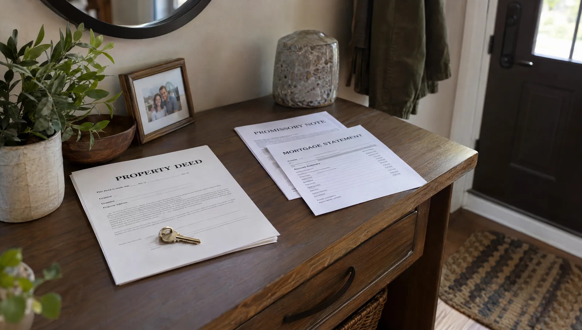 A deed and house key sit apart from a promissory note and mortgage statement, showing the separate roles of home ownership and loan liability.