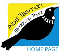 Logo with a black bird and text Abel Tasman Birdsong Trust on yellow and blue background.