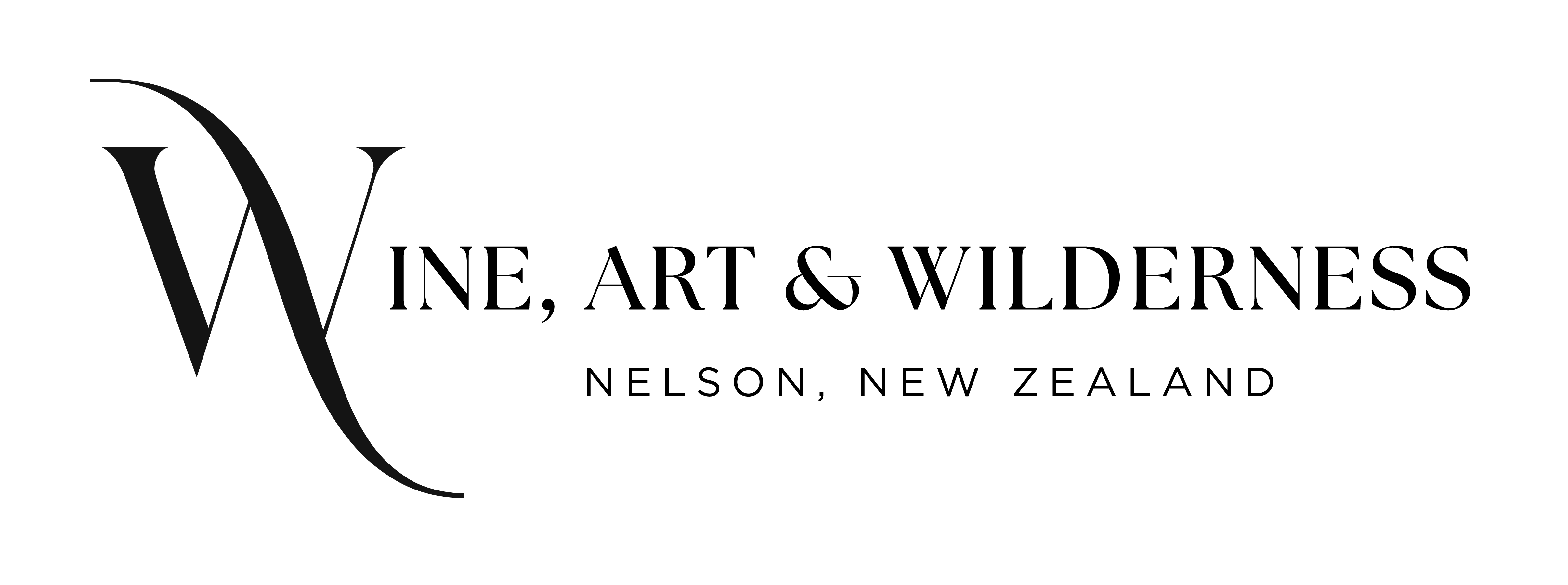 Logo of Wine Art & Wilderness with stylized W and flowing design in black on white background.