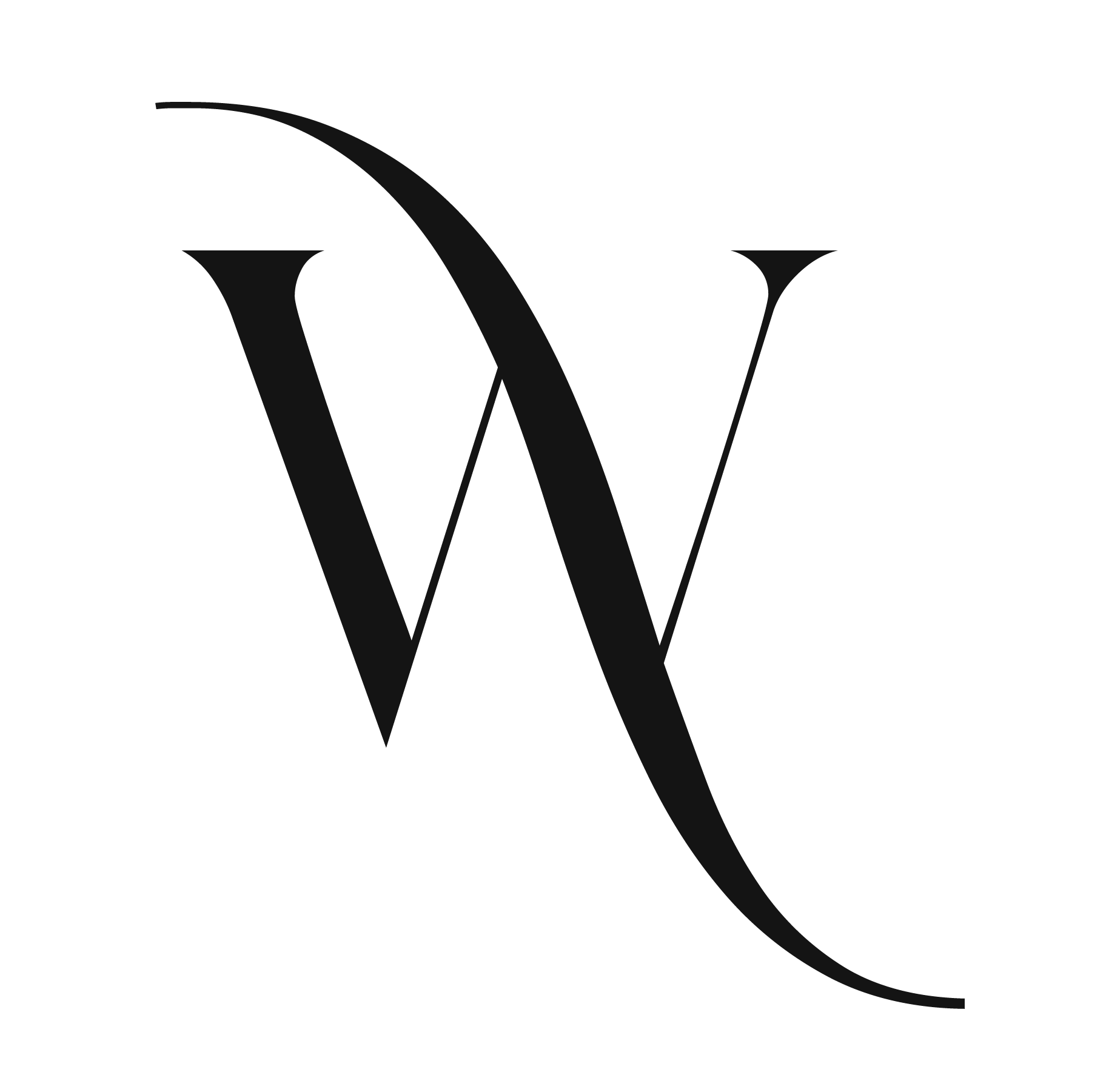 Black stylized letter W with a sweeping curved line crossing through it.