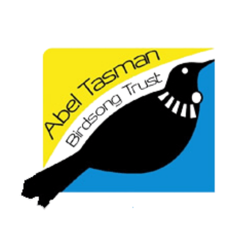 Black bird silhouette with text 'Abel Tasman Birdsong Trust' on yellow and blue background.