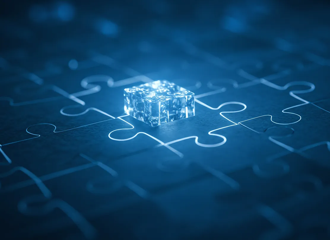 Glowing transparent cube placed on a dark puzzle piece background with illuminated puzzle outlines.