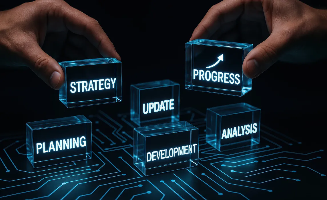 Two hands holding glowing blue blocks labeled Strategy and Progress above other blocks labeled Planning, Update, Development, and Analysis on a circuit board background.