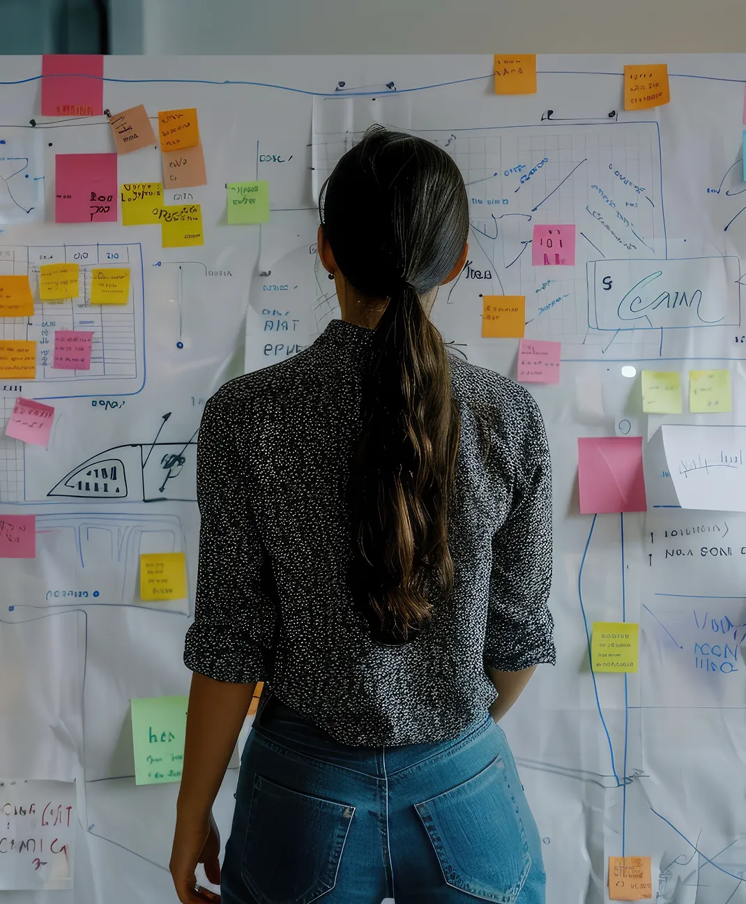 Woman with long hair in a ponytail standing in front of a whiteboard covered with colorful sticky notes and diagrams.
