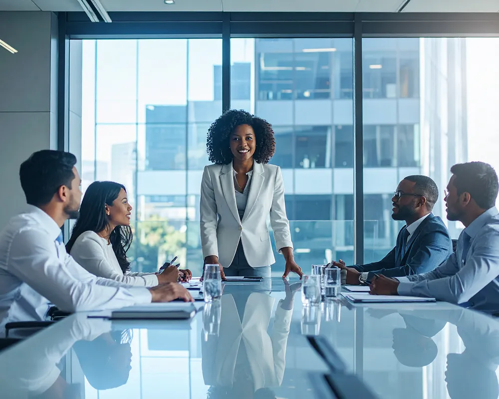 Businesswoman standing and leading a meeting with four colleagues seated at a glass conference table in a modern office.