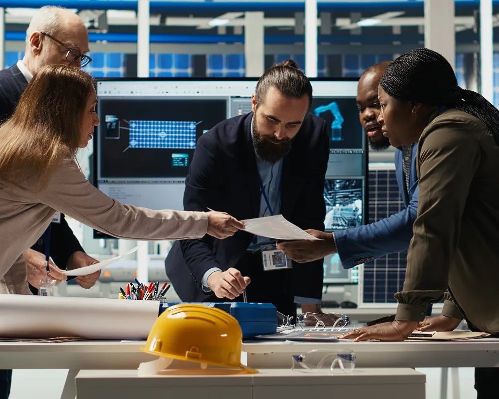 Group of engineers discussing and reviewing documents at a table with a yellow hard hat and technical equipment in a high-tech workspace.