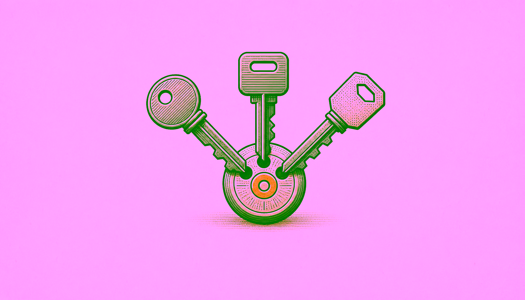 Illustration of several keys connected to one shared signing hub.